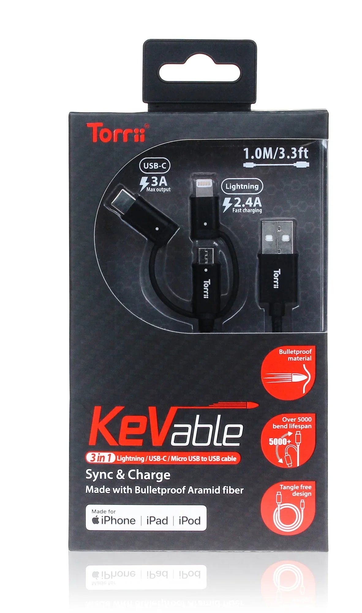 Torrii Kevable 3 In 1 Mfi Lightning/Type-C/Micro Usb - Black - Tashqila Torrii Kevable 3 In 1 Mfi Lightning/Type-C/Micro Usb - Black - Tashqila
